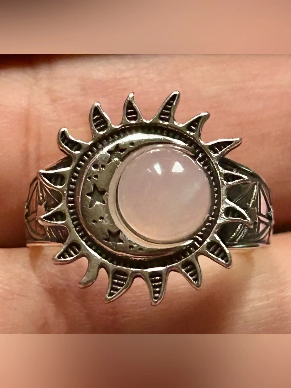 Pink Rose Quartz Crystal S925 Silver Sun Moon Stars Celestial Ring New Jewelry